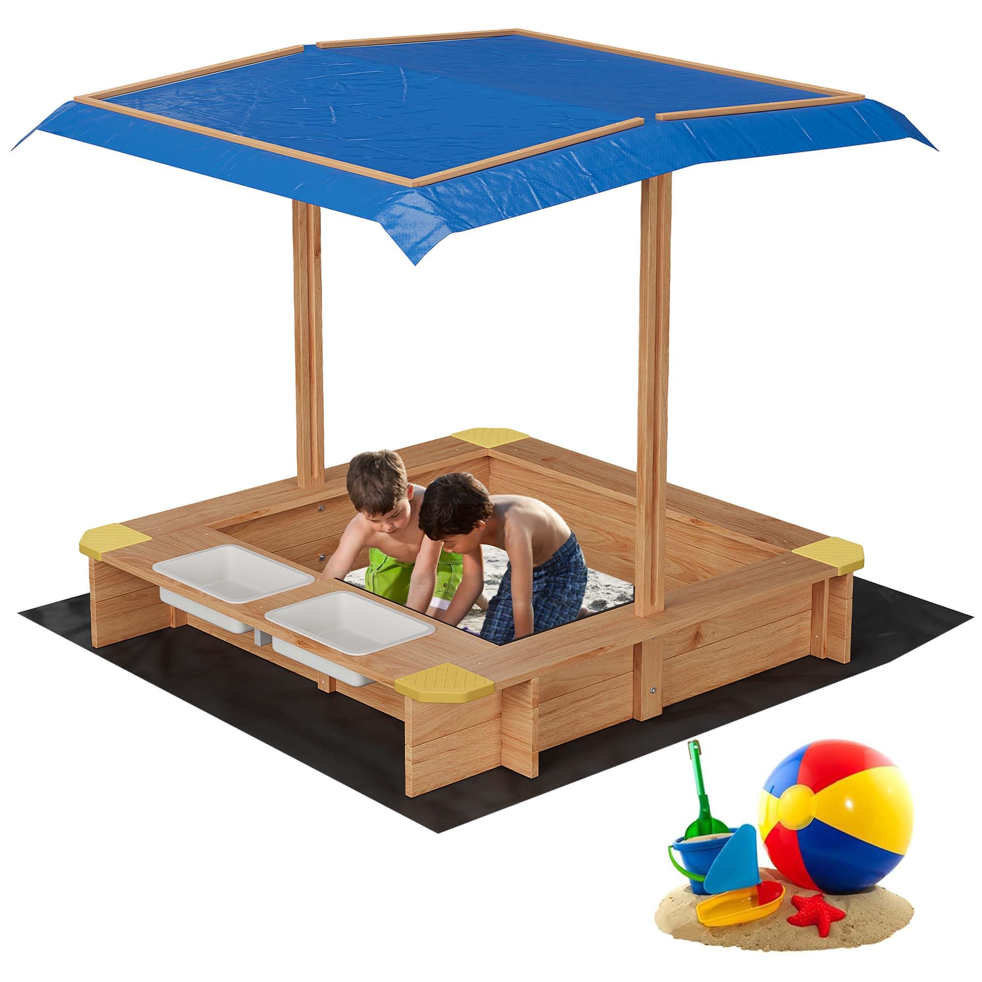 Huisuilinss Wooden Sandbox,Kids Sand Box With Adjustable Canopy,Spacious Outdoor Sand Pit With 2 Plastic Boxes,Bottom Liner,Anti-Collision Design For Ages 3-8,Beach,Patio,Backyard